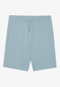 Helle blaue Shorts aus weichem Stoff mit einem elastischen Bund, Kordelzug und zwei Seitentaschen. Einfaches Design mit gesteppten Säumen.