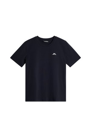 Granatowa bawełniana koszulka z okrągłym dekoltem i krótkimi rękawami. Posiada małe białe logo na piersi. Gładka tekstura, klasyczny krój.