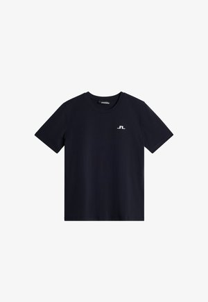 Granatowa bawełniana koszulka z okrągłym dekoltem i krótkimi rękawami. Posiada małe białe logo na piersi. Gładka tekstura, klasyczny krój.