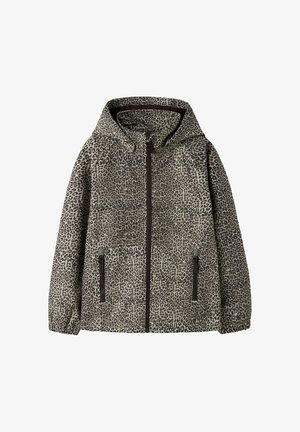 Hættetrøje med fuld lynlås foran og to lynlåslommer, med brunt og beige leopardmønstret design.