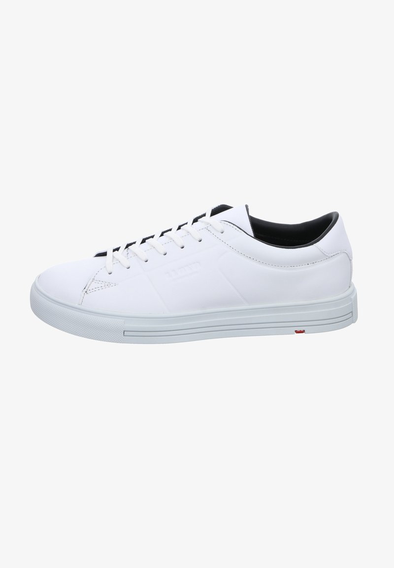 White sneakers with a smooth synthetic upper, black interior, flat white sole, and stitched detailing. Features black laces and branding on the side.