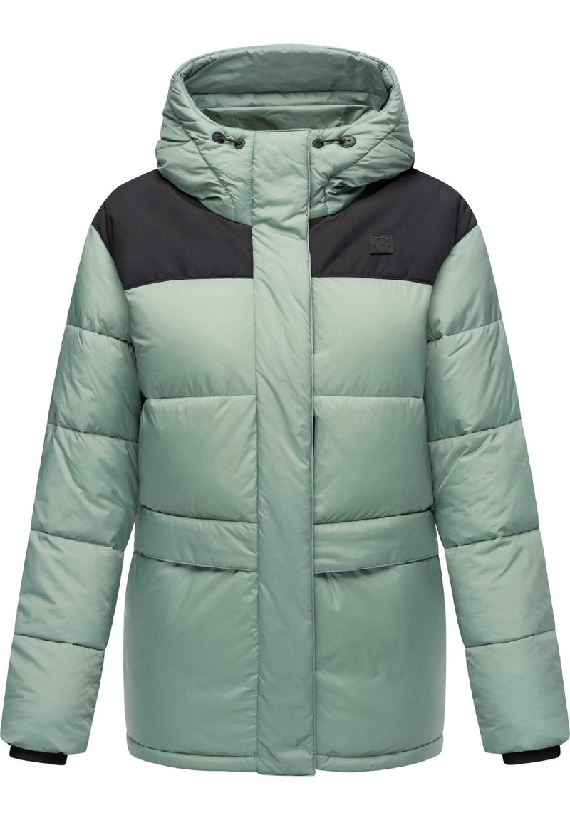 Light green puffer jacket with a black upper panel, featuring a hood, front zipper, and two horizontal zippered pockets. Smooth texture.