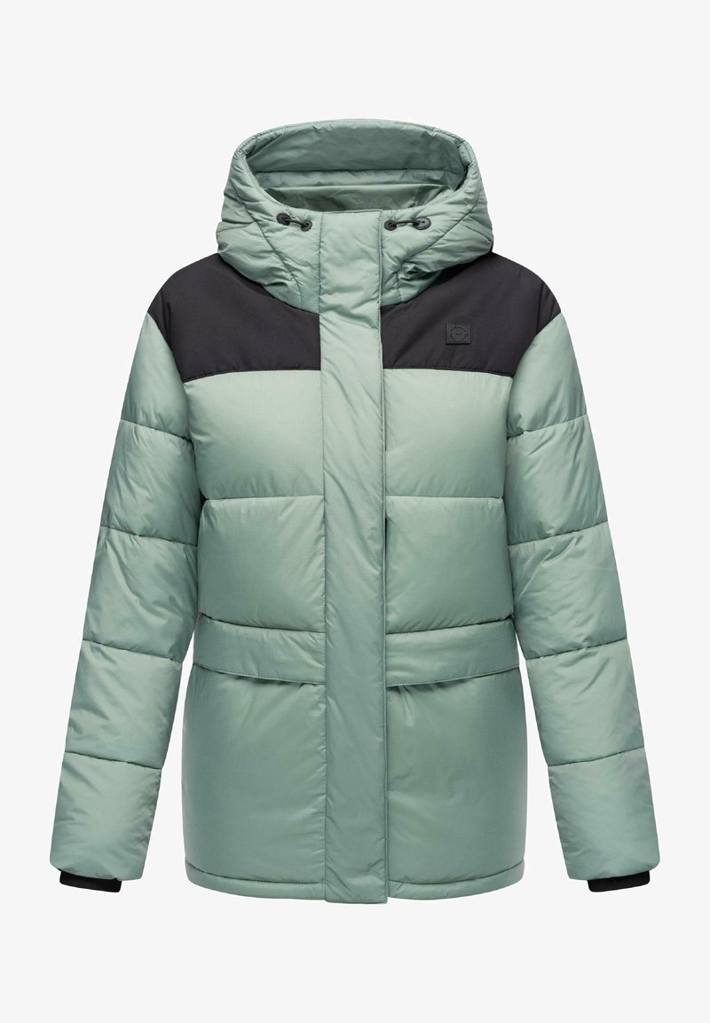 Šviesiai žalia pūkinė striukė su juodu viršutiniu panele, turinti gobtuvą, priekį užtraukiantį užtrauktuką ir dvi horizontaliai užtraukiamas kišenes. Lygus paviršius.