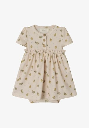 Vaaleanpunainen puuvillamekko lyhyillä hihoilla, jossa on kerätty hame ja painettuja eläimiä. Kaksi puista nappia kaula-aukossa.