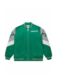 Grüne Satin-Bomberjacke mit grauen und weißen Akzenten. Verfügt über den Schriftzug "EAGLES", ein gesticktes Adlerlogo, gerippte Bündchen und Seitentaschen.