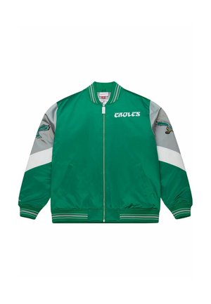 Grüne Satin-Bomberjacke mit grauen und weißen Akzenten. Verfügt über den Schriftzug "EAGLES", ein gesticktes Adlerlogo, gerippte Bündchen und Seitentaschen.