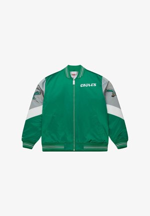 Grüne Satin-Bomberjacke mit grauen und weißen Akzenten. Verfügt über den Schriftzug "EAGLES", ein gesticktes Adlerlogo, gerippte Bündchen und Seitentaschen.