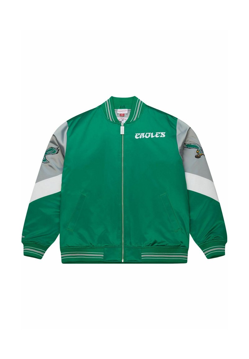 Grüne Satin-Bomberjacke mit grauen und weißen Akzenten. Verfügt über den Schriftzug "EAGLES", ein gesticktes Adlerlogo, gerippte Bündchen und Seitentaschen.