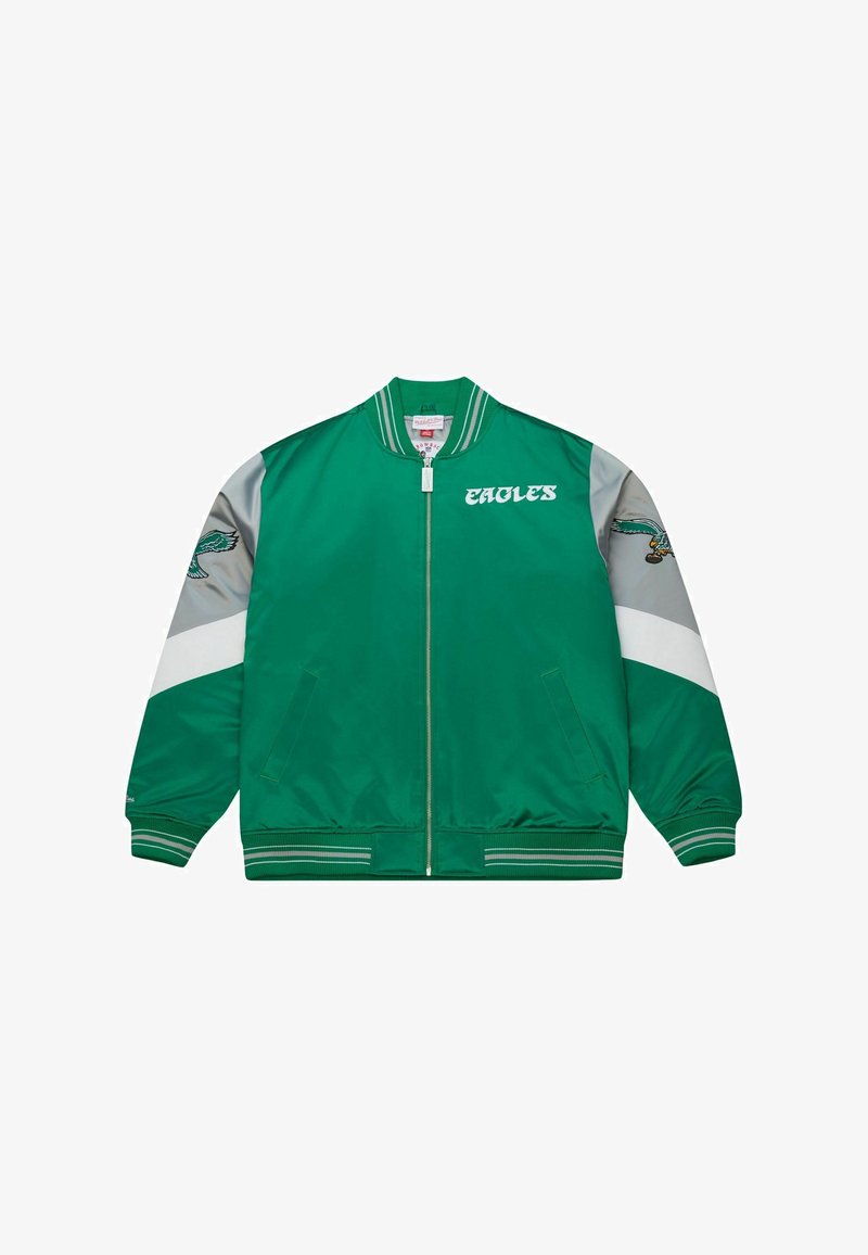 Grüne Satin-Bomberjacke mit grauen und weißen Akzenten. Verfügt über den Schriftzug "EAGLES", ein gesticktes Adlerlogo, gerippte Bündchen und Seitentaschen.