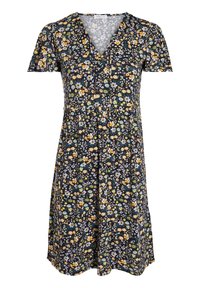 Robe fleurie à manches courtes, décolleté en V et taille froncée. Fond bleu foncé avec des motifs floraux jaunes, verts et lavande. Tissu doux.
