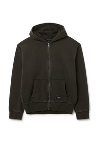 Felpa con cappuccio zip in verde scuro realizzata in tessuto morbido, dotata di tasca frontale, cappuccio e polsini a coste. Design minimalista con etichetta.