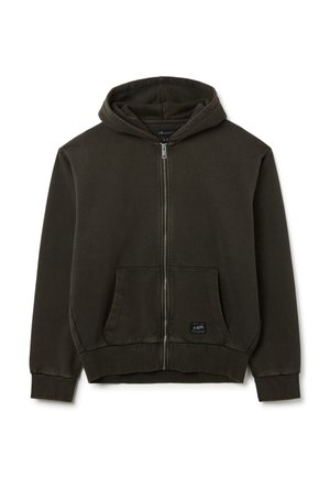 Felpa con cappuccio zip in verde scuro realizzata in tessuto morbido, dotata di tasca frontale, cappuccio e polsini a coste. Design minimalista con etichetta.