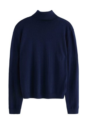 Marineblå, let strikket turtleneck sweater med lange ærmer og ribbede detaljer ved kraven og manchetterne. Ingen synlige mønstre.