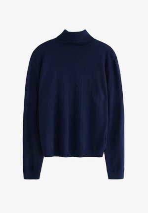 Maglione a collo alto in maglia leggera di colore blu navy, con maniche lunghe e dettagli a costine nel collo e nei polsini. Senza motivi visibili.