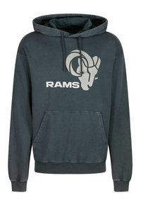 Hooded sweatshirt in dark gray, featuring a kangaroo pocket, ribbed cuffs, and a large white RAMS logo with a ram's head graphic.