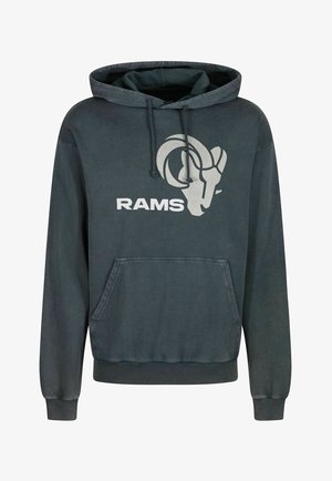 Sudadera con capucha en gris oscuro, con un bolsillo canguro, puños de canalé y un gran logo blanco de RAMS con un gráfico de la cabeza de un carnero.