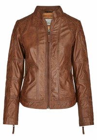 Braune Lederjacke mit Stehkragen, durchgehendem Reißverschluss und Seitentaschen. Verfügt über strukturierte Einsätze und Nahtdetails im gesamten Design.