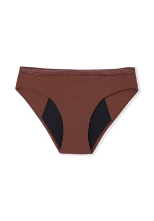 Brązowe damskie majtki bikini z czarną podszewką i błyszczącą elastyczną gumką w pasie, rozłożone na płasko na białym tle.