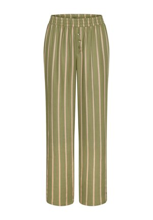 Olivengrønne bukser med vertikale, lyserøde striber, elastisk taljebånd og tre dekorative knapper foran.