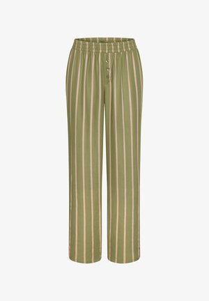 Olivengrønne bukser med vertikale, lyserøde striber, elastisk taljebånd og tre dekorative knapper foran.