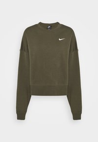 Olive green cropped sweatshirt in soft fabric, featuring a round neck, dropped shoulders, and a white Nike logo on the left chest.