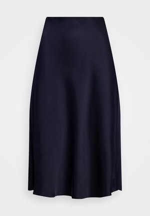 Navy blue satin midi skirt with a smooth texture, A-line silhouette, and an elastic waistband for comfort. Classic and minimal design.
