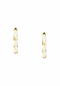 Orecchini in tono oro con un design elegante e allungato, caratterizzati da una superficie liscia e una finitura lucida. Stile minimalista con accenti sottili.