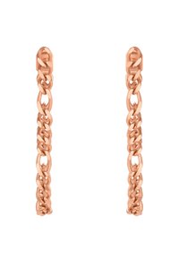 Orecchini a catena in oro rosa con anelli intrecciati, finitura lucida e design slanciato ed elegante. Texture liscia con uno stile minimalista.