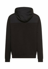 Hoodie noir avec un motif hexagonal texturé dans le dos, un panneau supérieur en tissu lisse et une capuche à cordon.