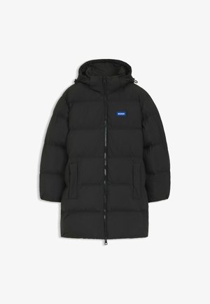 Black puffer jacket with a hood, featuring a zip front, two front pockets, and a blue "HUGO" logo on the left chest area.