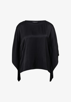 Black, loose-fitting top made of smooth fabric with a round neckline and wide sleeves, featuring an asymmetrical hemline.