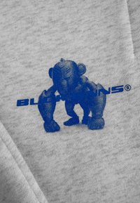 Grauer Stoff mit einer blauen Cartoon-Affen-Grafik mit strukturierter Optik, begleitet von dem fettgedruckten blauen Text "BLUEMINDS®".