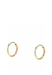 Orecchini a cerchio in oro con un design liscio e arrotondato, con una finitura lucida, che offrono una chiusura senza soluzione di continuità e uno stile minimalista.