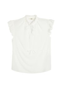 Top bianco con maniche corte a volant, scollatura arricciata e vita con coulisse. Realizzato in un tessuto morbido con una vestibilità leggermente ampia.