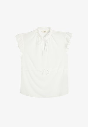 Weißes Oberteil mit kurzen Rüschensäumen, einem gerafften Ausschnitt und einem Kordelzug in der Taille. Hergestellt aus einem glatten Stoff mit einer leicht lockeren Passform.