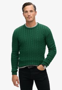 Zielony sweter z dzianiny, ozdobiony wzorami w warkocze, z okrągłym dekoltem i ściągaczami na rękawach, noszony na szarej koszuli. Połączony z czarnymi dżinsami i zegarkiem.