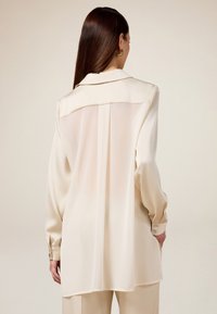 Blusa de seda crema con la parte posterior semitranslúcida, mangas largas y cuello puntiagudo. Presenta puños abotonados y un dobladillo recto.