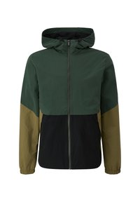 Capuchonjacket met een kleurblokontwerp in donkergroen, olijfgroen en zwart. Gemaakt van lichte stof met elastische manchetten.