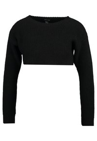 Schwarzer, verkürzter Pullover aus strukturiertem Rippenstrick, mit langen Ärmeln und weitem, rundem Ausschnitt sowie geradem Saum.