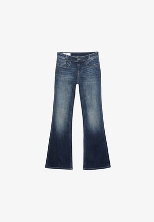 Jeans in denim blu scuro con una leggera zampa, bottoni e cerniera frontali, tasche anteriori e posteriori, mostrati distesi su sfondo bianco.