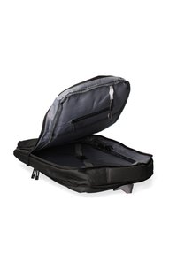 Zaino per laptop nero con interno grigio, dotato di cerniere, cinghie e numerosi scomparti per l'organizzazione.