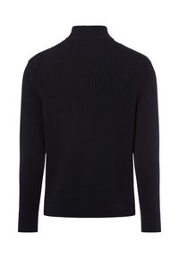 Dunkelblauer Strickpullover mit hohem Kragen, langen Ärmeln, geripptem Muster und taillierter Silhouette. Rückansicht dargestellt.