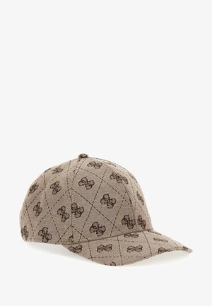 Casquette de baseball en tissu à motifs marron, présentant un design en losanges et des accents de logo. Visière incurvée et détails brodés sur l'ensemble.