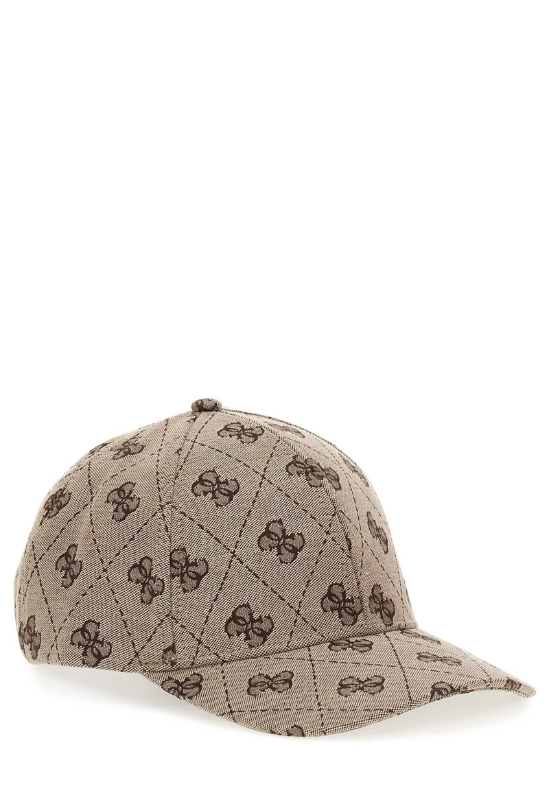 Brown patterned baseball cap made of fabric, featuring a diamond design and logo accents. Curved visor and stitched detailing throughout.