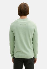 Pulover verde deschis cu guler și manșete în dantelă, textură netedă și mâneci raglan; purtat peste pantaloni negri. Viziune din spate.