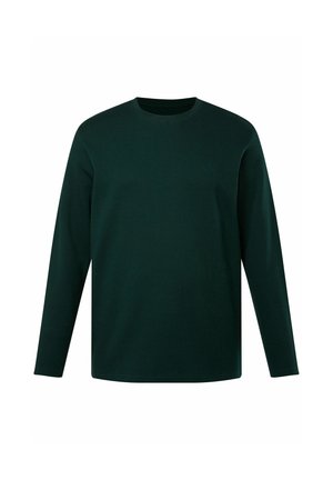 Dunkelgrünes Langarmshirt mit Rundhalsausschnitt und gerippter Textur. Mit einem dezenten Logo auf der Vorderseite. Klassisches, lockeres Design.
