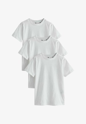 Tres camisetas blancas lisas de manga corta y cuello redondo apiladas con una ligera superposición, mostradas sobre un fondo blanco.