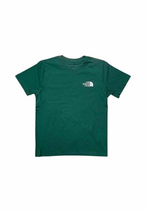 T-shirt verde scuro a maniche corte con scollo tondo e logo bianco The North Face sul petto sinistro.