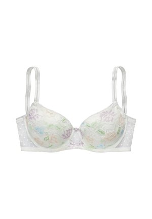 White lace bra with underwire, floral embroidery in pastel colors, adjustable straps, and polka dot mesh side panels.