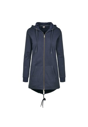 Granatowy hoodie z kapturem, z przednim zamkiem błyskawicznym, dwoma bocznymi kieszeniami i regulowanym sznurkiem na dole. Miękki, teksturowany materiał.